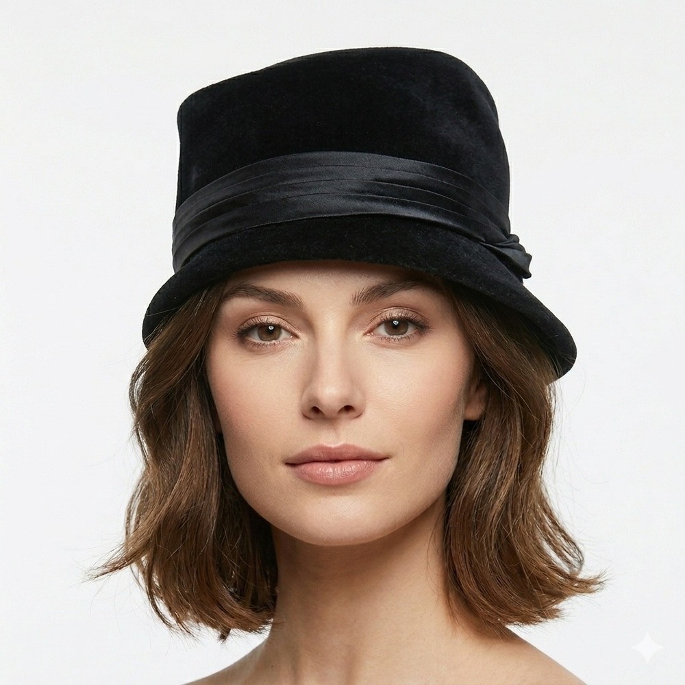 Peachbloom Velour Merrimac Body Black Fur Felt Cloche Hat Satin Rhinestone Trim
